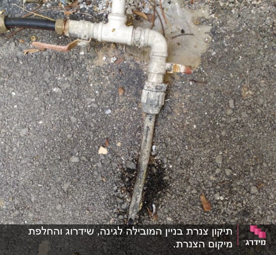 צינור מים עם ברזים וחיבורים על הקרקע